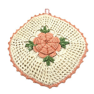 Vtg Handmade Crochet Pot Holder Trivet Rose Pink 3D Cottage Shabby Chic Hanging